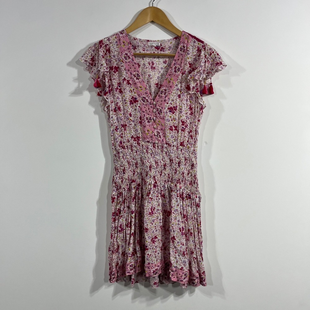 Poupette St Barth Resort Euro Summer Boho Floral Smocked Dress Tassel Small